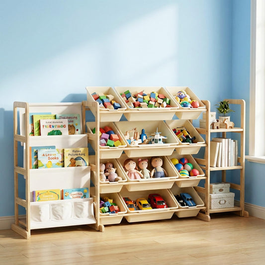 Toy Storage Organizer, 3-in-1 Extra Large Toy Storage with 12 Bins and 3 Side Shelves, 4-Tier Bookshelf, Toys Box for Bedroom Nursery Kids Room Organization, Toddler Playroom Organization Essentials
