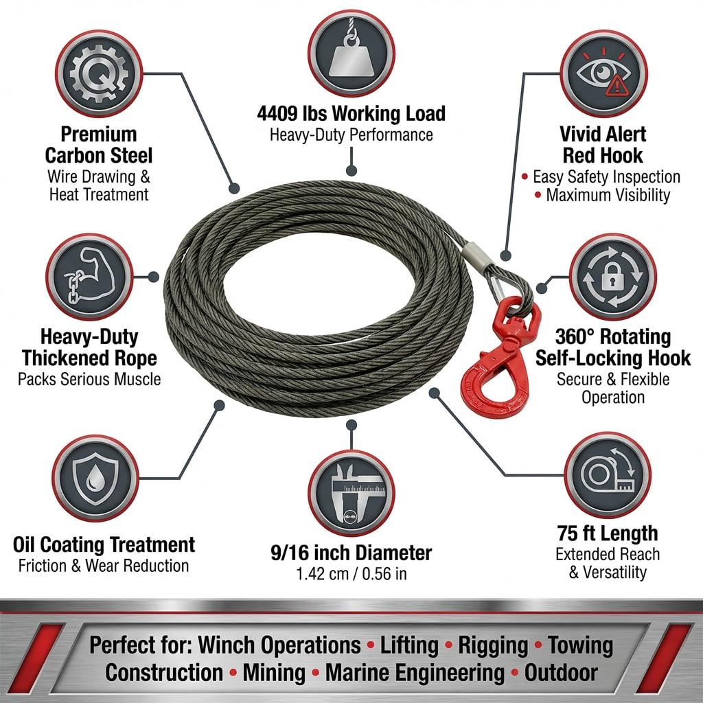 Carbon Steel Winch Cable,32000 lbs Breaking Strength, 9/16 Inch x 70 Feet Heavy Duty Towing Cable with 360° Swivel Self Locking Hook Universal Fit for Winch Operations, Lifting, Towing