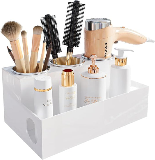 Hair Tool Organizer, White Acrylic Hair Dryer Holder with Insulated Cup, Bathroom Supplies Countertop Blow Dryer Holder, Vanity Caddy Storage Stand for Accessories, Makeup, Toiletries