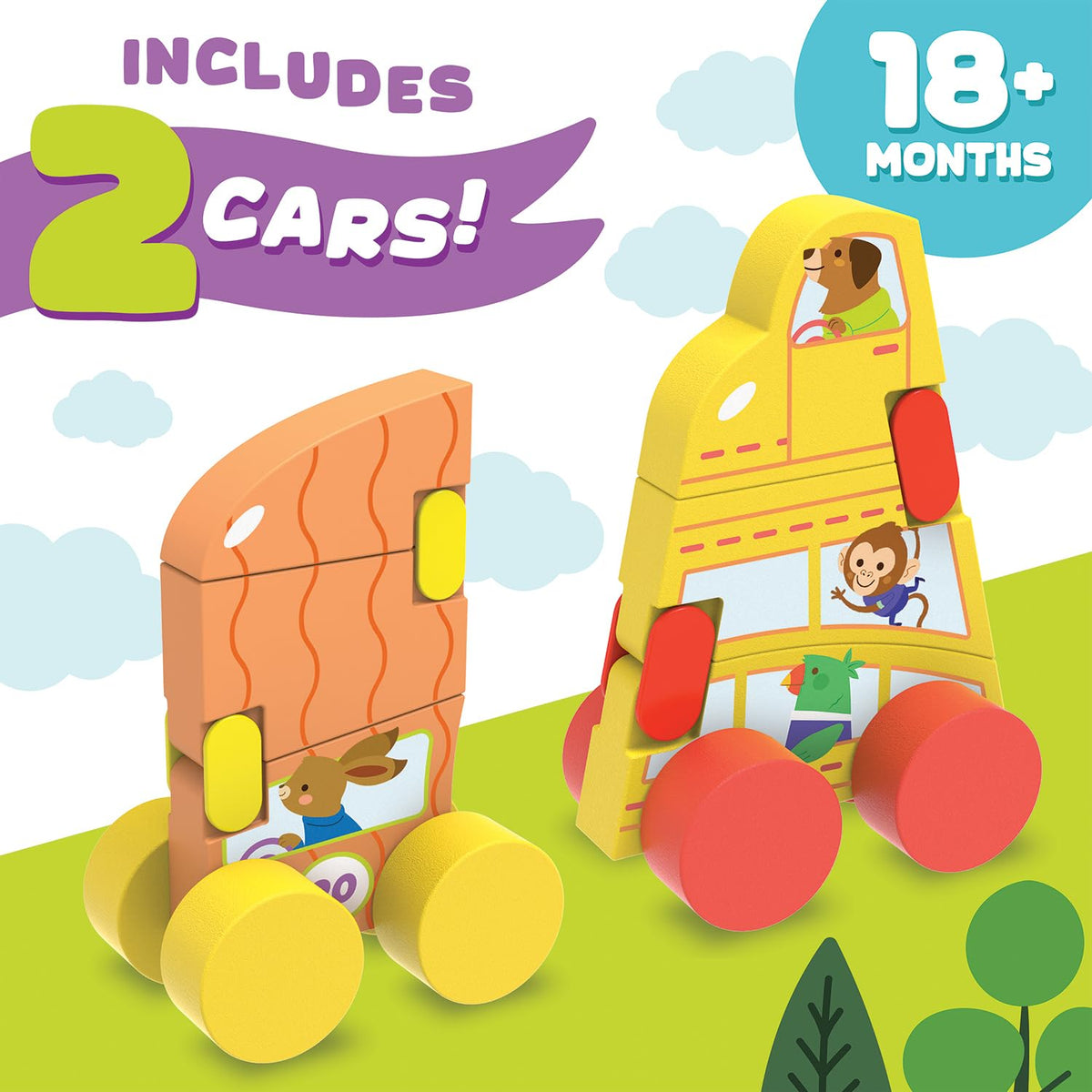 MindWare Konvertibles Transforming Wooden Cars – 2‑Piece Flip‑&‑Change Vehicle Set with Carry‑Along Box That Becomes 3‑D Road Scene, Toddler Toy for Ages 18 Months +