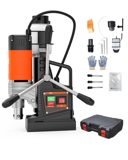 1650W Mag Drill Press, 1.57" Boring, 2922lbf Magnetic Base, 10-Speed, 810RPM, Portable Drill Machine with 10 Annular Cutters, 3 Twist Bits, Adjustable Depth, Industrial Drilling Tool Box