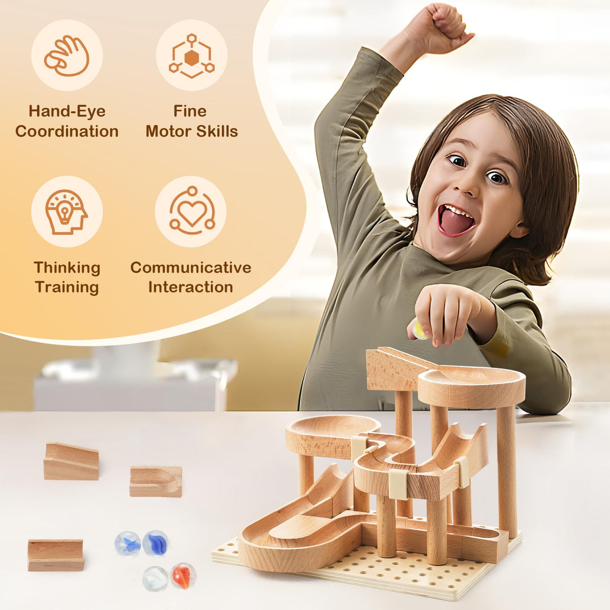 Wooden Marble Runs for Kids 4-8, 34 Pcs Marble Rush Track Maze Construction Play Set, STEM Learning Toys, Wood Building Blocks Toys, Gift for Boys & Girls