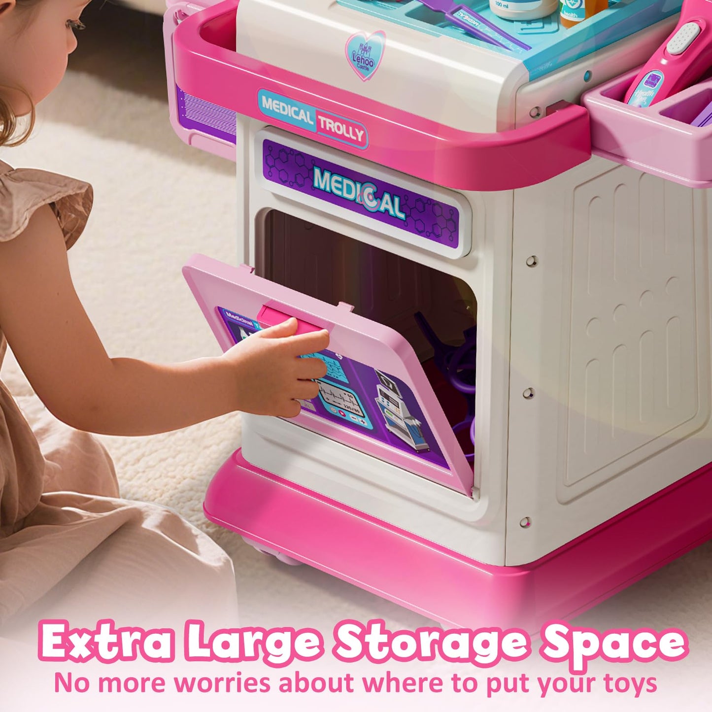 Lehoo Castle Doctor Kit for Toddlers 3-5 Pink, Gifts for Girls 2-4 Years Old, Kids Doctors Play Set, Mobile Cart with Lights and Sound, Toys for Girls 3+ 4 5 Years Old, Christmas