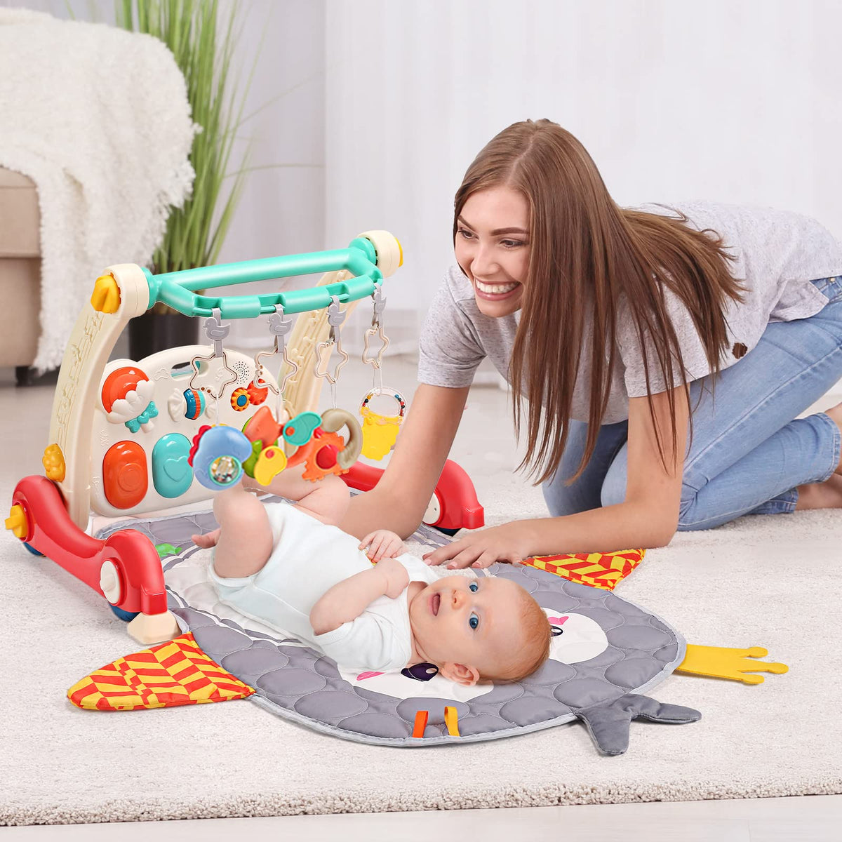 CUTE STONE Baby Play Gym & Learning Walker, Baby Play Mat with Play Piano, Musical Activity Center with Lights, Baby Push Walkers & Thin Playtime Mat for Infant Newborn Toddlers
