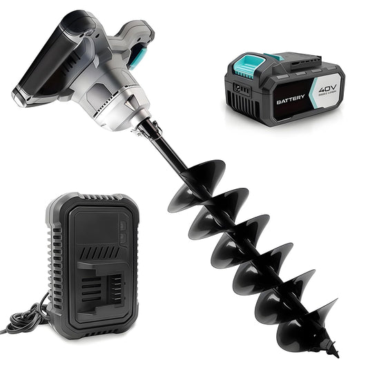 40V Brushless Cordless Earth Auger 6 Inch Post Hole Digger w/ 2,5AH Battery, 4A Charger, Led Work Light，Forward & Reverse Direction