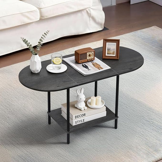 Small Coffee Table,35.4'' Oval Coffee Table with Storage Shelf & Metal Frame,Low Cocktail Tea Accent Table for Apartment,Modern Mid Century Small Living Room Table,Dark Gray