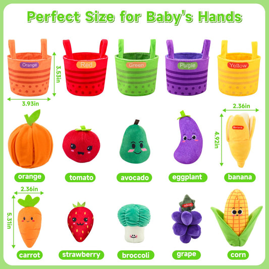 Baby Toys 6-12 Months, My First Fruits & Vegetables Sensory Toys with Rattle Crinkle Sounds Color Sorting Play 15 PCS, Montessori Toys for 1 Year Old, Toddler Stocking Stuffers Baby Boy Girl Gifts