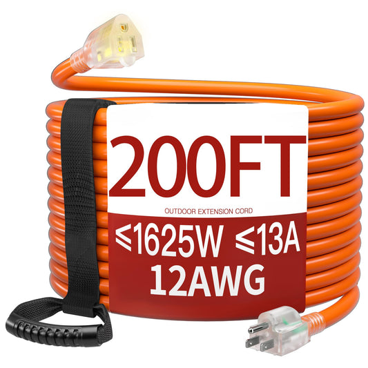 200 FT 12 Gauge Extension Cord Outdoor, Heavy Duty Weatherproof & Flame Retardant Orange 3 Prong Power Cord with Light, Outside for Lawn & Garden, 13 Amps 1625 Watts 125 VAC 12AWG SJTW, ETL Listed