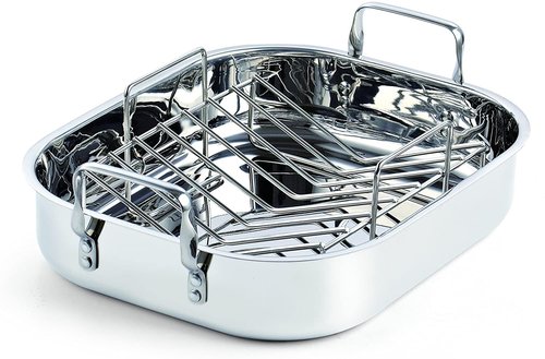 Cooks Standard Stainless Steel Roaster Pan - V-Shaped Rack for Perfect Turkey Roasting | 14"x11" Inner Size
