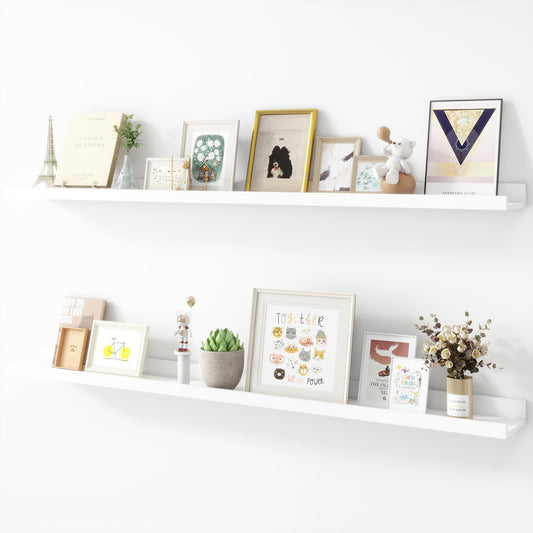 Acovy Picture Ledge Shelf, Wood Long Floating Shelves for Wall, Set of 2, 48 inch Picture Ledge Shelves, Photo Ledge Nursery Book Shelves Wall Mounted for Living Room Kids' Room Bedroom, Color White