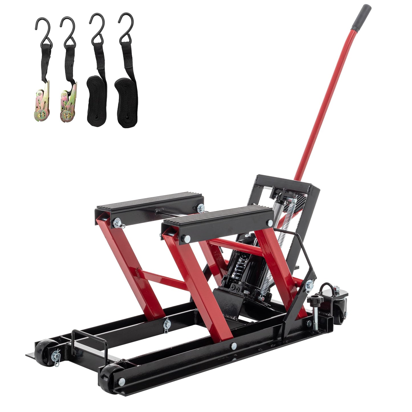 Hydraulic Motorcycle Lift Jack 1500 LBS Capacity, Foot-Operated Motorcycle Scissor Lift Table, 4.5"-15" Adjustable Height, Portable ATV Lift Jack with Wheels & Safety Lock, Red