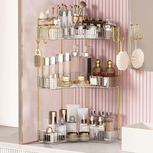 3-Tier Corner Bathroom Counter Organizer，Makeup & Skincare Shelf with Built-in Brush Holder，Space-Saving Bathroom Countertop Organizer for Skincare, Perfume, Cosmetics(Clear)