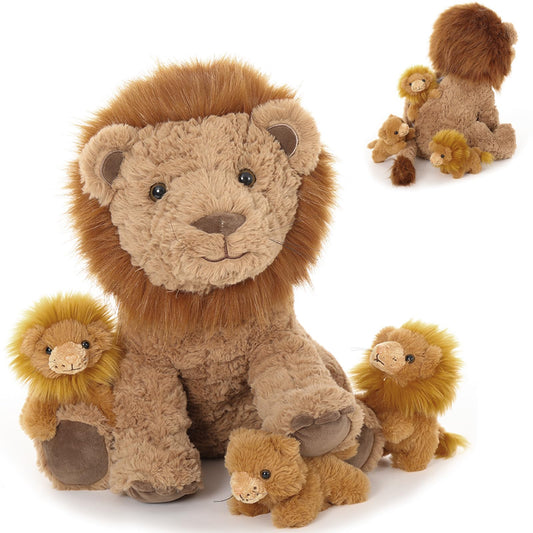 Karister Lion Plush Toy, 17.7" Mother Lion Stuffed Animal with 3 Cute Baby Lions, 4Pcs Wild Animal Stuffed Toy for Kids Boys Girls, Safari Animal Plushies Gift for Christmas Birthday, Brown