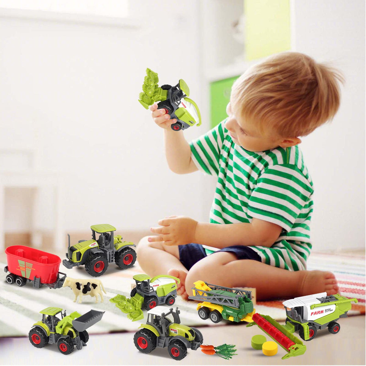 Oriate Kids Farm Toys Realistic Tractor Vehicle Playset, Diecast Car Set Educational Mini Farm Animals with Flatbed Trailer, Birthday Gift for Children 3 Year Old