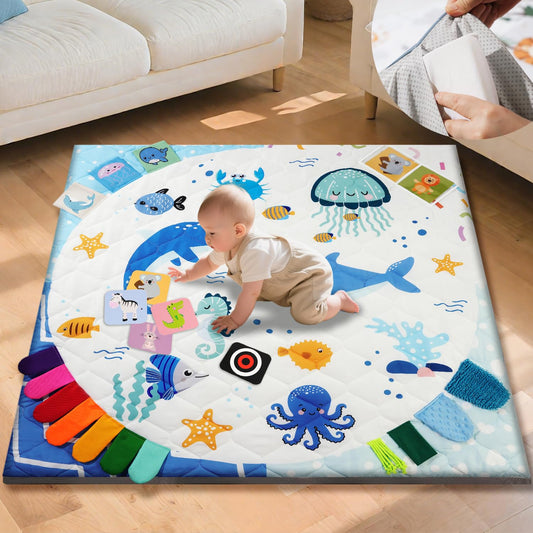 TINYHARBO Premium Foam Baby Play Mat 50x50, 4 Developmental Zones Play Mat with Removable & Machine Washable Cover, Extra Thick Padding Playpen Mat, Easy to Clean for Infants, Toddlers & Babies
