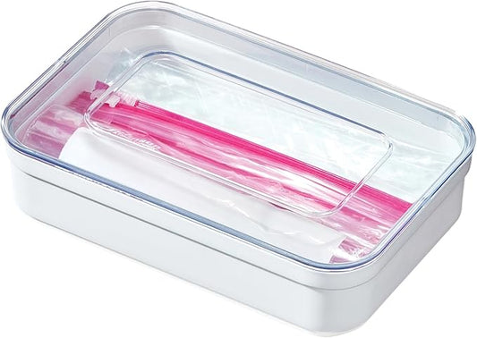 iDesign Sandwich Bag Organizer - Plastic Food Storage Bag Holder for Kitchen Drawer, Clear/White