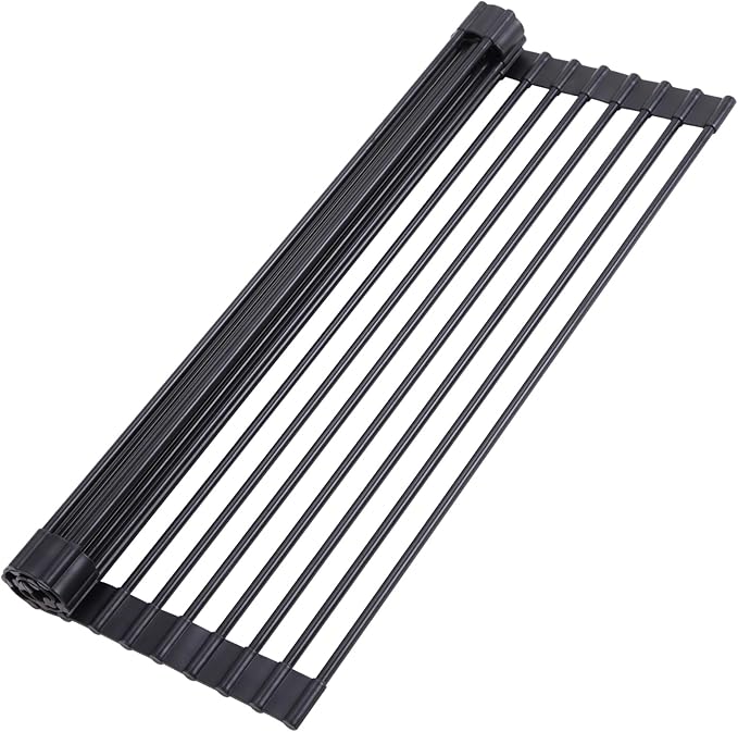 Ohuhu Roll Up Dish Racks, 16.5" L x 13" W Over The Sink Dish Drainer Drying Rack Kitchen Sink Organizer Silicone Wrapped Large in Sink Dish Drying Rack Foldable Rolling Drain Mats Anti-Slip
