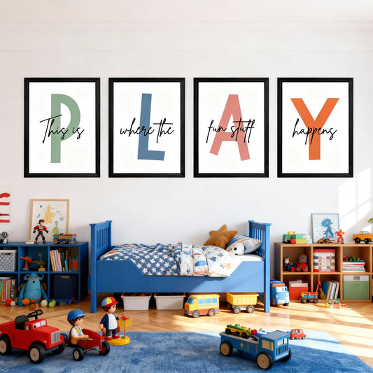Cute Alphabet Play Framed Wall Art Set of 3, Natural Educational Alphabet Wooden Sign for Baby Girl Kid Boy Toddlers, Black Boho Preschool English Letters Nursery Decor for Homeschool Playroom