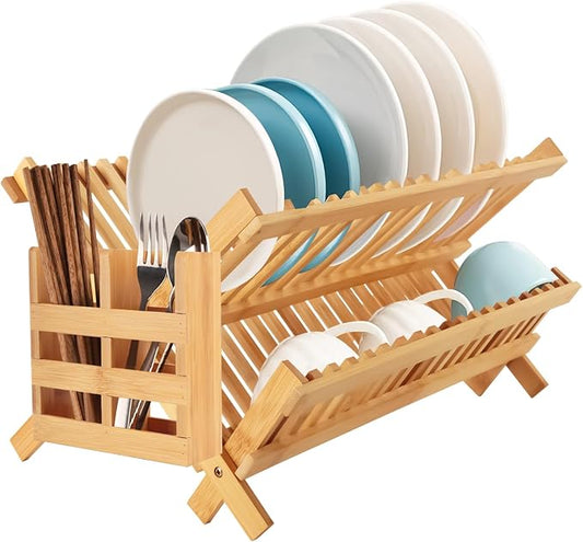 Tefola Bamboo Dish Drying Rack, 2-Tier Foldable Design with Utensil Holder, Kitchen Plate Rack Dish Drainer Rack Dish Racks for Kitchen Counter, 16.5 x 17 inches