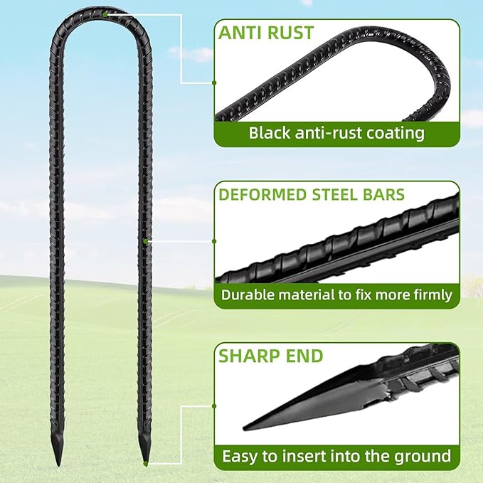 Black Trampoline Stakes Anchors High Wind 12inx6mm Galvanized U Hook 8pcs Rebar Stakes – Heavy Duty Ground Anchors for Trampoline,Yard & Inflatable,Landscape Metal Stakes for Outdoor Decorations