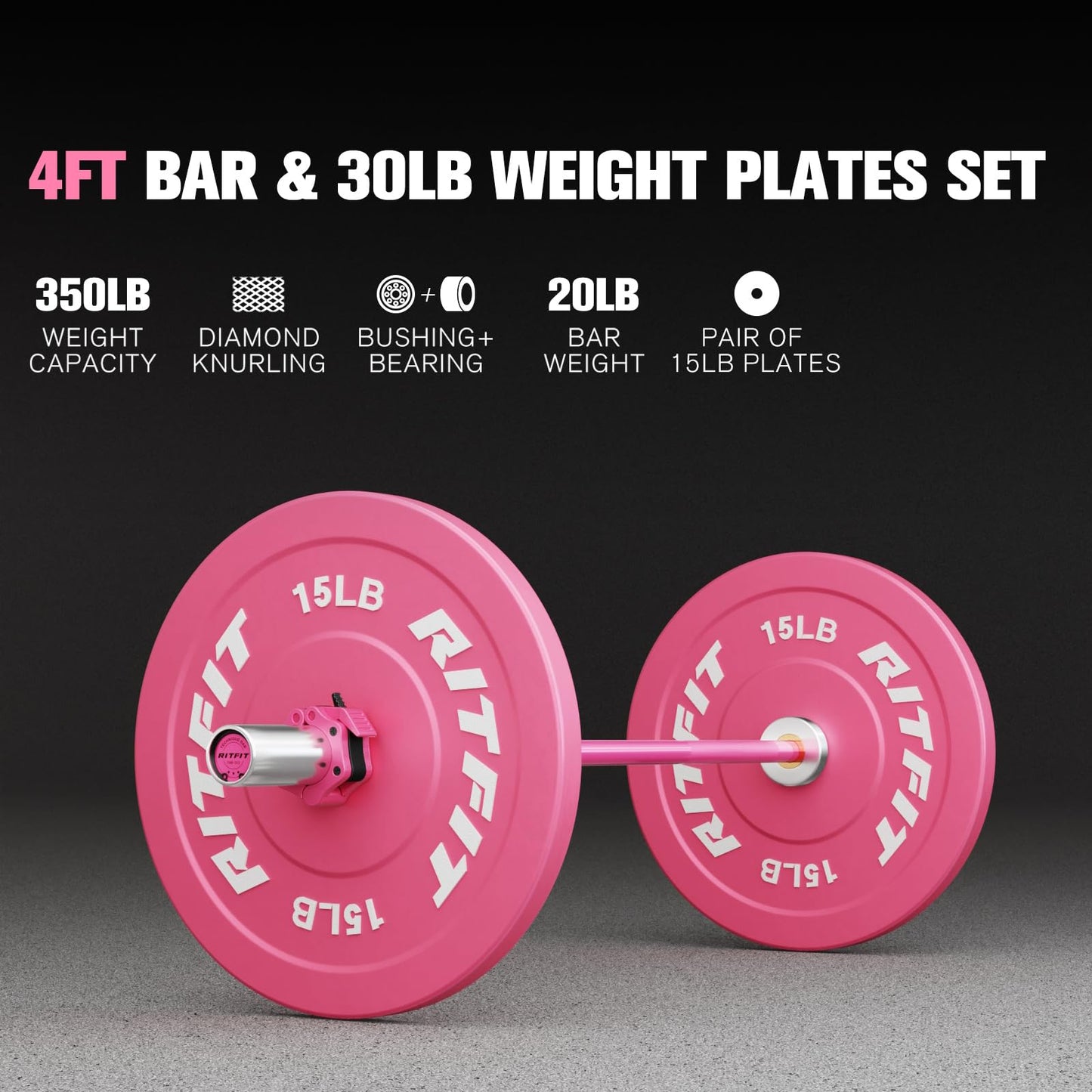 RITFIT Pink Weight Plates, 2 Inch Olympic Barbell Weight Plate, Bumper Plates With Steel Insert, Pink Weights for Gym and Home， 30LB SET