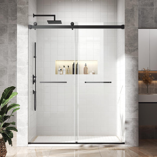 BATHWILLER 56"-60" W x 76" H Double Sliding Shower Door, 3/8" (10mm) Clear Tempered Glass Frameless Shower Door with Nano Easy Clean Coating, Stainless Steel Hardware, Matte Black