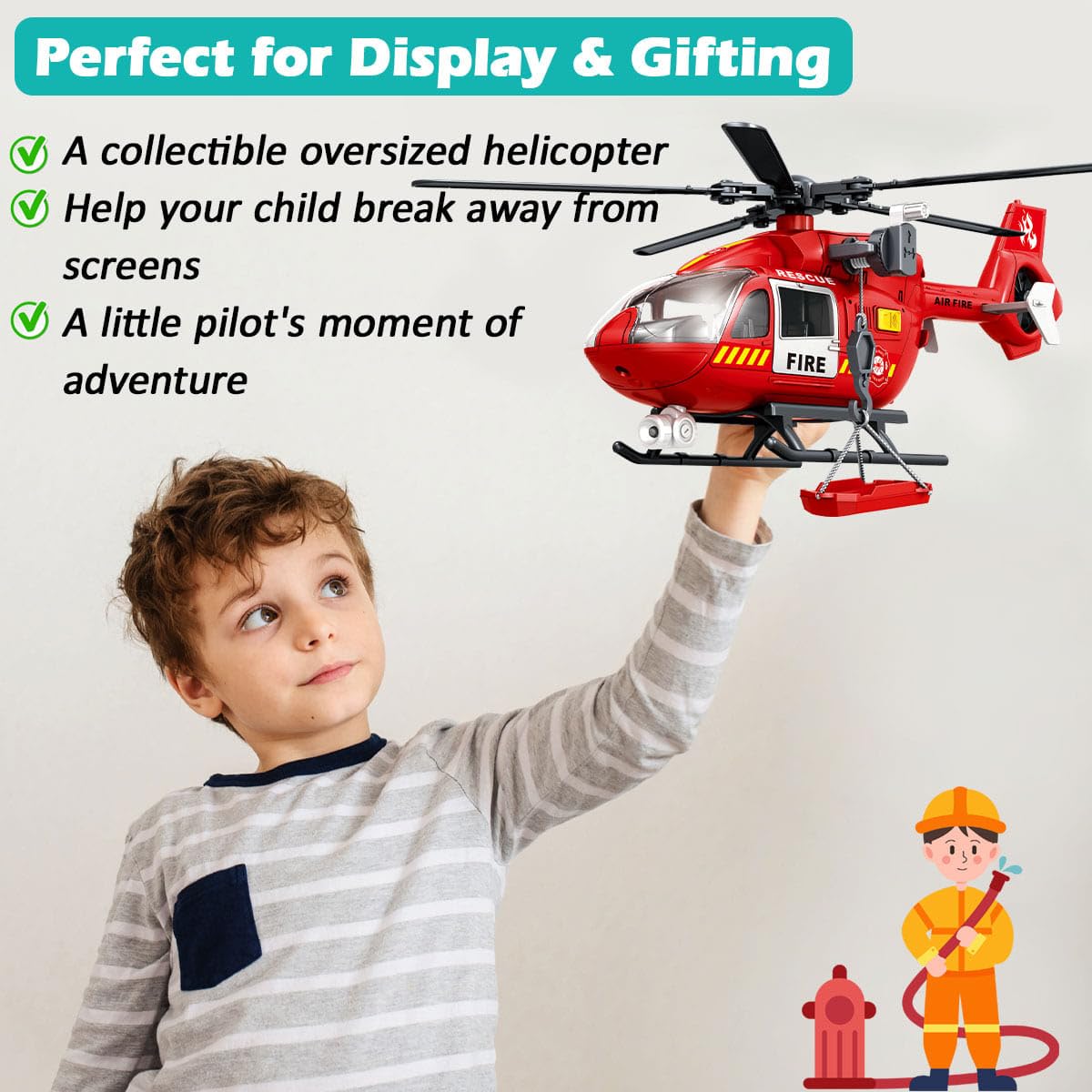 Firefighter Toys Helicopter 15-in Airplane Toys for Kids with Hanging Basket Sounds and Lights for Boys Ages 3 4 5 6 7