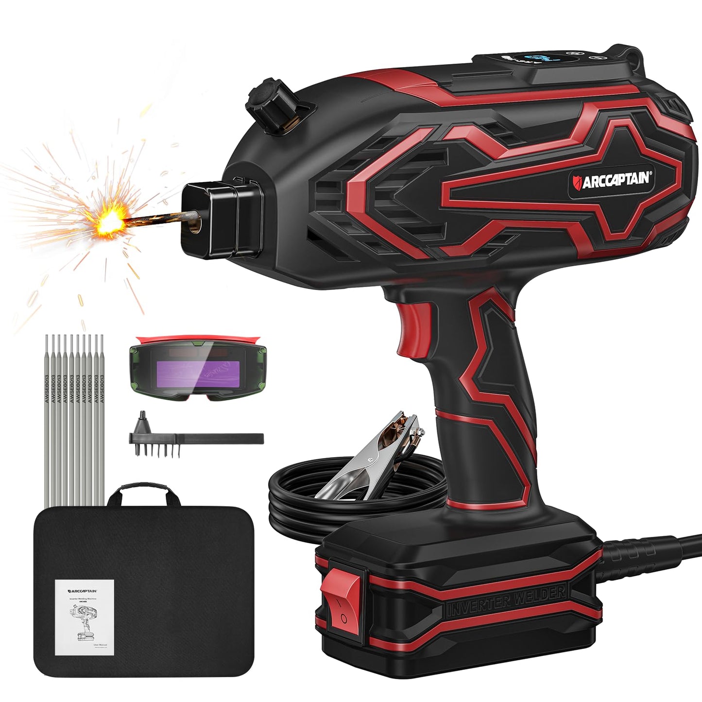 ARCCAPTAIN 140A Handheld Welder, [LED Display] Portable Welding Machine 110V with Hot Start, Arc force, IGBT Portable ARC Welder with Auto Darkening Goggles for 1/16"-1/8" Welding Rods
