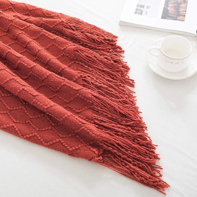 BOURINA Rust Throw Blanket 50 x90 Inches Textured Solid Soft Sofa Throw Bed Runner Knitted Decorative Blanket