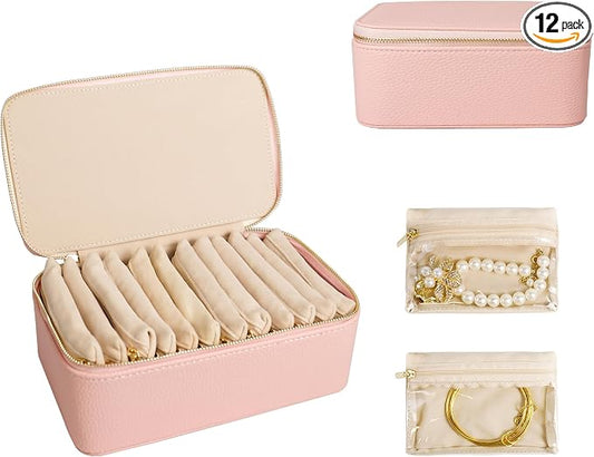 Travel Jewelry Case, Portable Jewelry Box with 6 Jewelry Bags,Travel Gift for Women Teen Girls (Pink 12 Pcs)