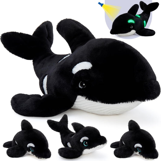 Tezituor Large Orca Stuffed Animal with 3 Babies Glow in The Dark, 23.6" Huggable Killer Whale Plush Toy Realistic Soft Ocean Animal Plushies Birthday Gifts for Boys Girls