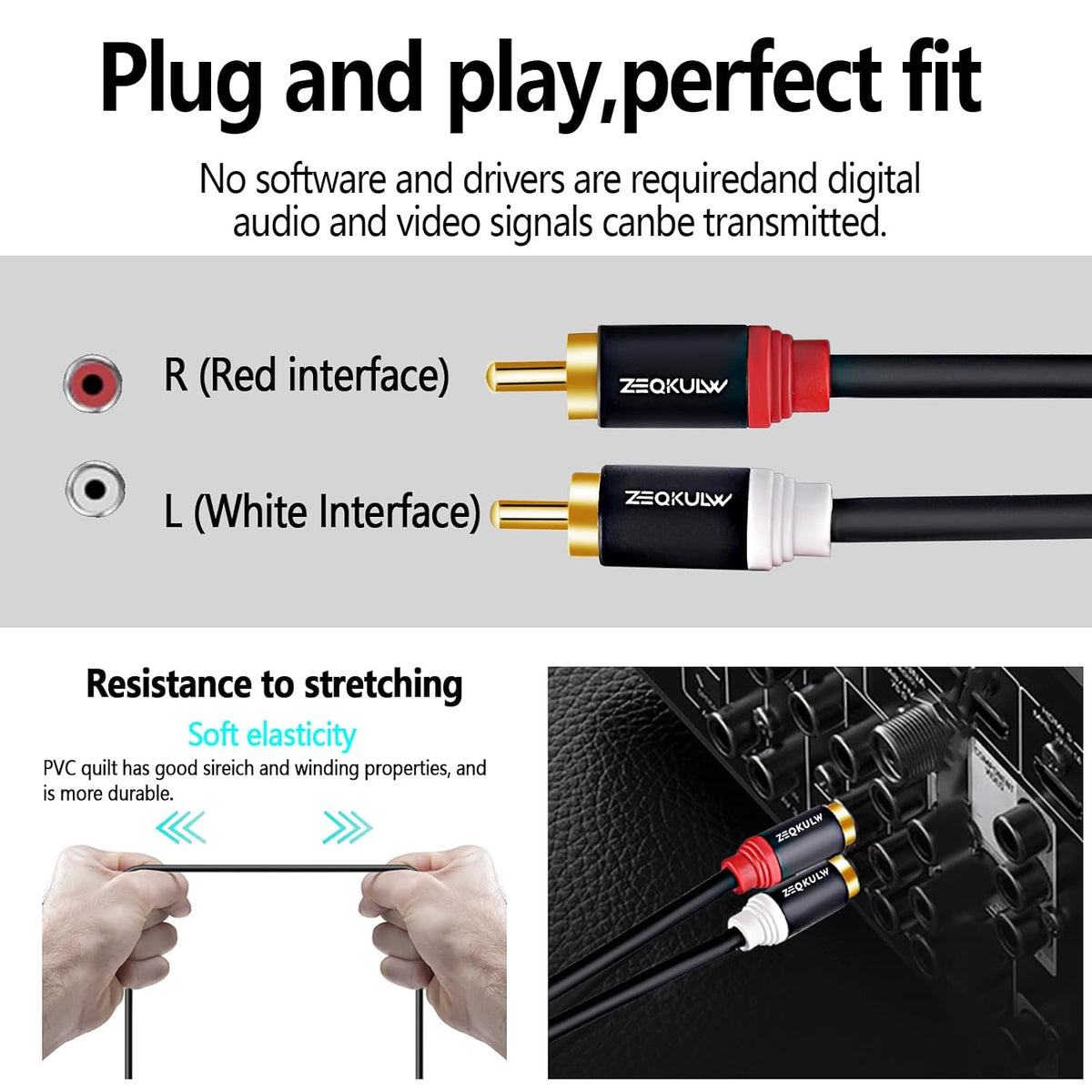 ZEQKULW 2RCA 25 2 (1,Black, 25FT) Audio Subwoofer Cable ft Male to Male Stereo Dual RCA Cables Shielded Gold-Plated RCA