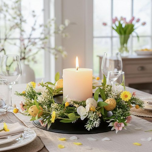 MOYEE Candle Holder Centerpiece - Elegant Black Metal Design with Artificial Flowers | 14-Inch Versatile Decor