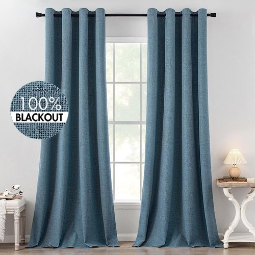 MIULEE Linen Texture Blackout Curtains - Thermal Insulated Grommet Draperies | Dusty Blue, 52x120 Inch (2 Panels)
