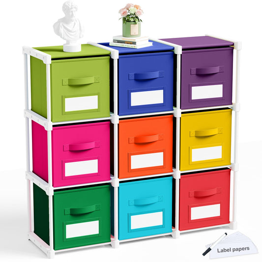 Geelin 9 Cube Toys Storage Organizer with Fabric Bins and Labels, 11 Inch Collapsible Cubby Storage Drawers Colorful Dresser with Shelf for Playroom Nursery Closet Bedroom Dorm Decor