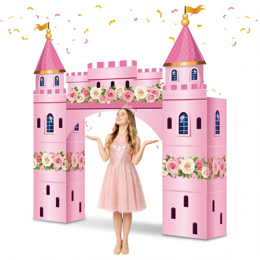 Pajean 9 Pcs Princess Party Decorations 43 x 60 Inch Pink Princess Cardboard Castle Playhouse Kit Floral Castle Fort Set Girl Birthday Centerpiece for Bridal Shower, Tea Party, Wedding Decor