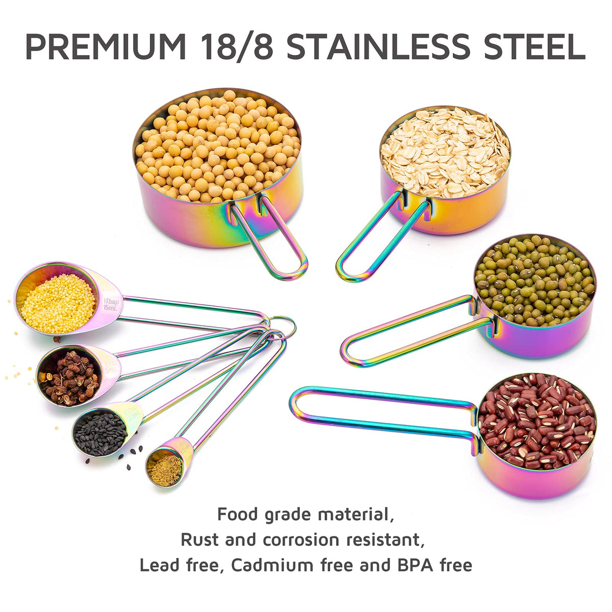 WELLSTAR Measuring Cups and Spoons Set of 8, Food Grade 18/8 Stainless Steel Measure set for Dry Liquid Measurement, Rainbow Titanium Coated Kitchen Gadgets for Cooking Baking, 4 Cup and 4 Spoon