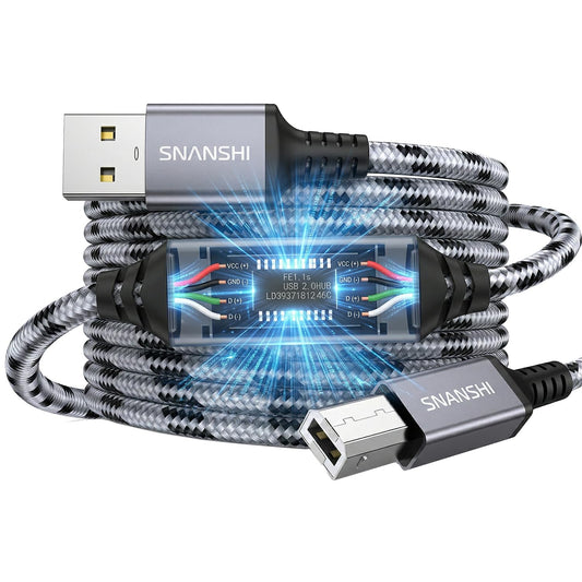50ft, 2.0 SNANSHI Active Printer Cable Nylon Braided Heavy Duty USB Type A to B Printer Cord with Signal Booster, Plug