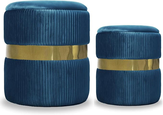 YYW HOME Blue Round Ottoman with Storage Set of 2 Vanity Stool Foot Rest with Removable Lid Blue Velvet Storage Ottoman Stool for Living Room and Dorm (Gold and Blue)