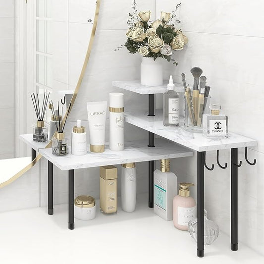 Homode Bathroom Counter Corner Shelf, 3 Tier Kitchen Countertop Organizer for Over The Sink, Make Up, Dresser Table, White Marble