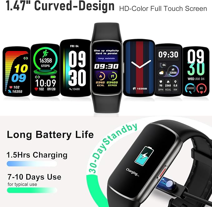 Fitness Tracker with 24/7 Heart Rate, Blood Pressure Blood Oxygen Sleep Monitor, 123 Sports Modes Calories Smart Watch,IP68 Waterproof Step Counter Activity Trackers Pedometer for Women Men (Black)