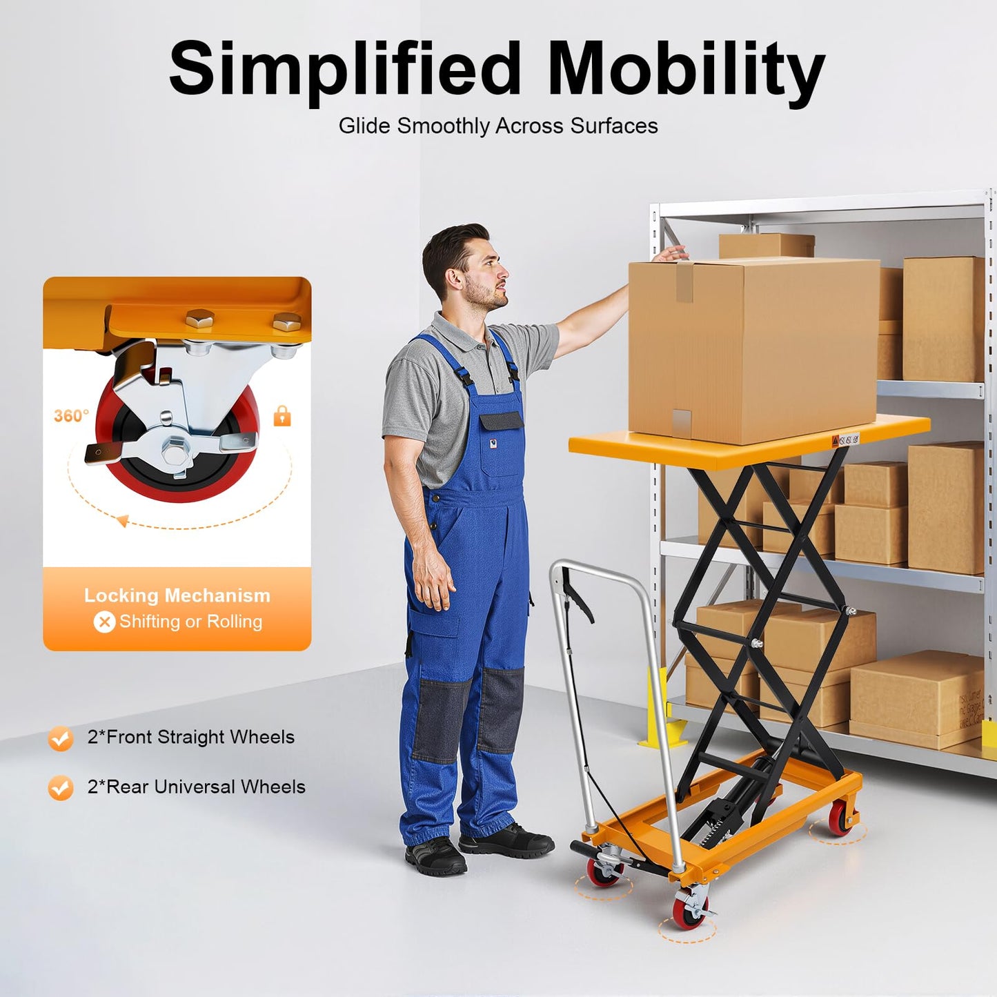 RYIRSHOH Hydraulic Lift Table Cart, 770lbs Capacity 49.6" Lifting Height, Double Scissor Lift Table Manual with 4 Locking Wheels for Material Handling & Transportation, Q235 Steel, Yellow