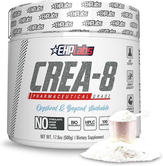 EHP Labs CREA-8 Micronized Creatine Monohydrate Powder - Unflavored Creatine Powder for Muscle Growth, Increased Strength, Enhanced Energy Output and Improved Performance - 100 Servings (500g)