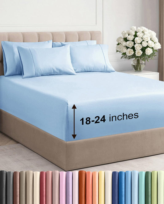 Skiennix Extra Deep Cal King Sheet Set - 6 Piece Breathable Cooling Bedding - Soft Wrinkle-Free Light Blue