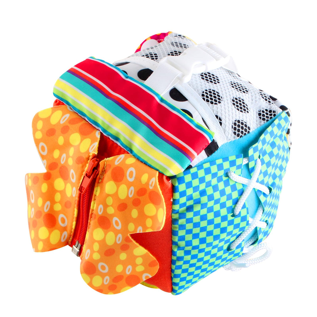KAKIBLIN Cubic Activity Learning Toy with Zippers, Latches, Buckles, Laces, Snaps, Buttons and More - Perfect for Toddlers at Home, on Airplanes, Cars or Travel
