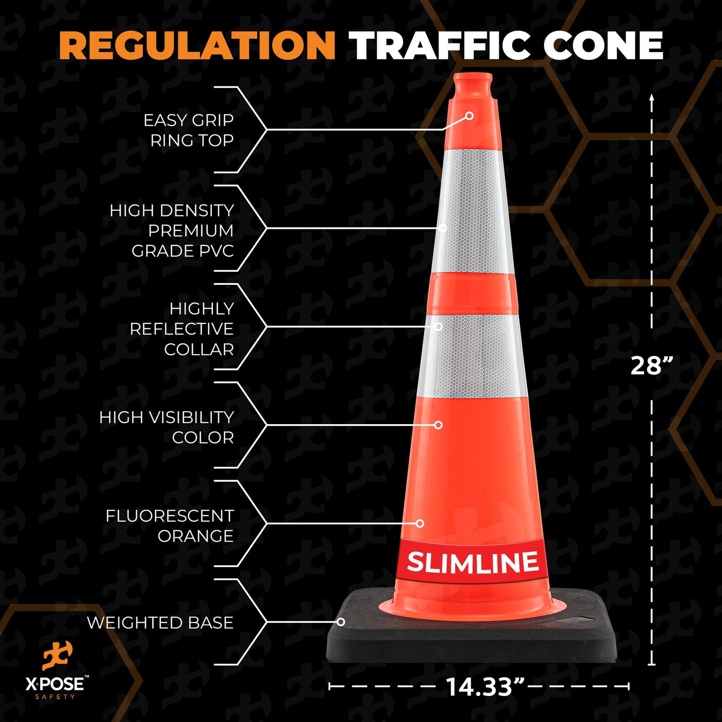 Xpose Safety 28 Inch Orange Slim Line Traffic Cones Heavy Duty 10lb with 6" & 4" Collars, 4 Pack Multipurpose PVC Plastic Safety Cone for Parking, Soccer, Caution, Kids & Construction - DOT Approved