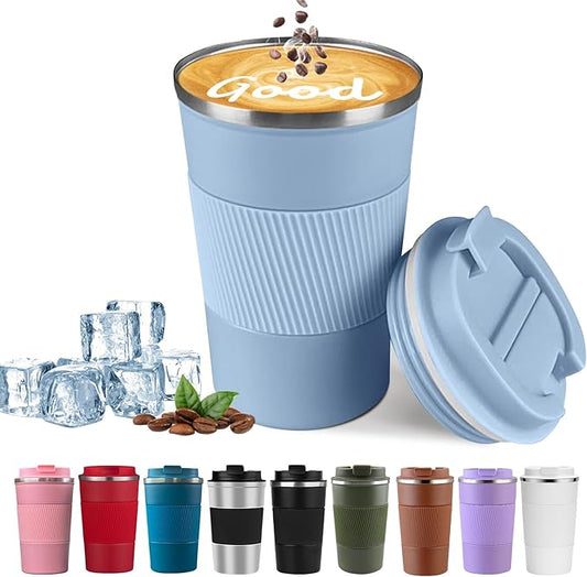 YINBAOGE Insulated Travel Coffee Mug, Spill & Leak Proof, Portable To Go Camping Stainless Steel Coffee Tumbler, Reusable Thermal Coffee Cup with Lid for Hot & Cold Drinks (Light blue, 17 OZ)