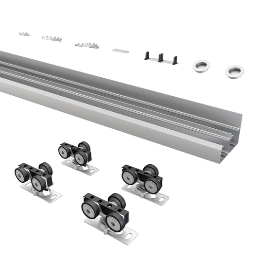 BarnBase 4FT/48" Bypass Door Hardware, Aluminum Double-Closing Sliding Closet Door Hardware with Finger Pull Included, Smoothly and Quietly, Fit Door Thickness 1 3/8" or 1 3/4", Silver