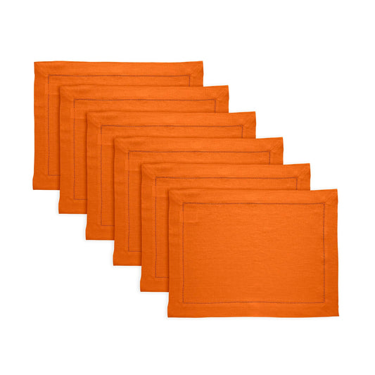 Solino Home Linen Cloth Placemats Set of 6-100% Pure Linen Hemstitch Pumpkin Placemats 14 x 19 Inch - Sonoma Hemstitch Table Place Mats