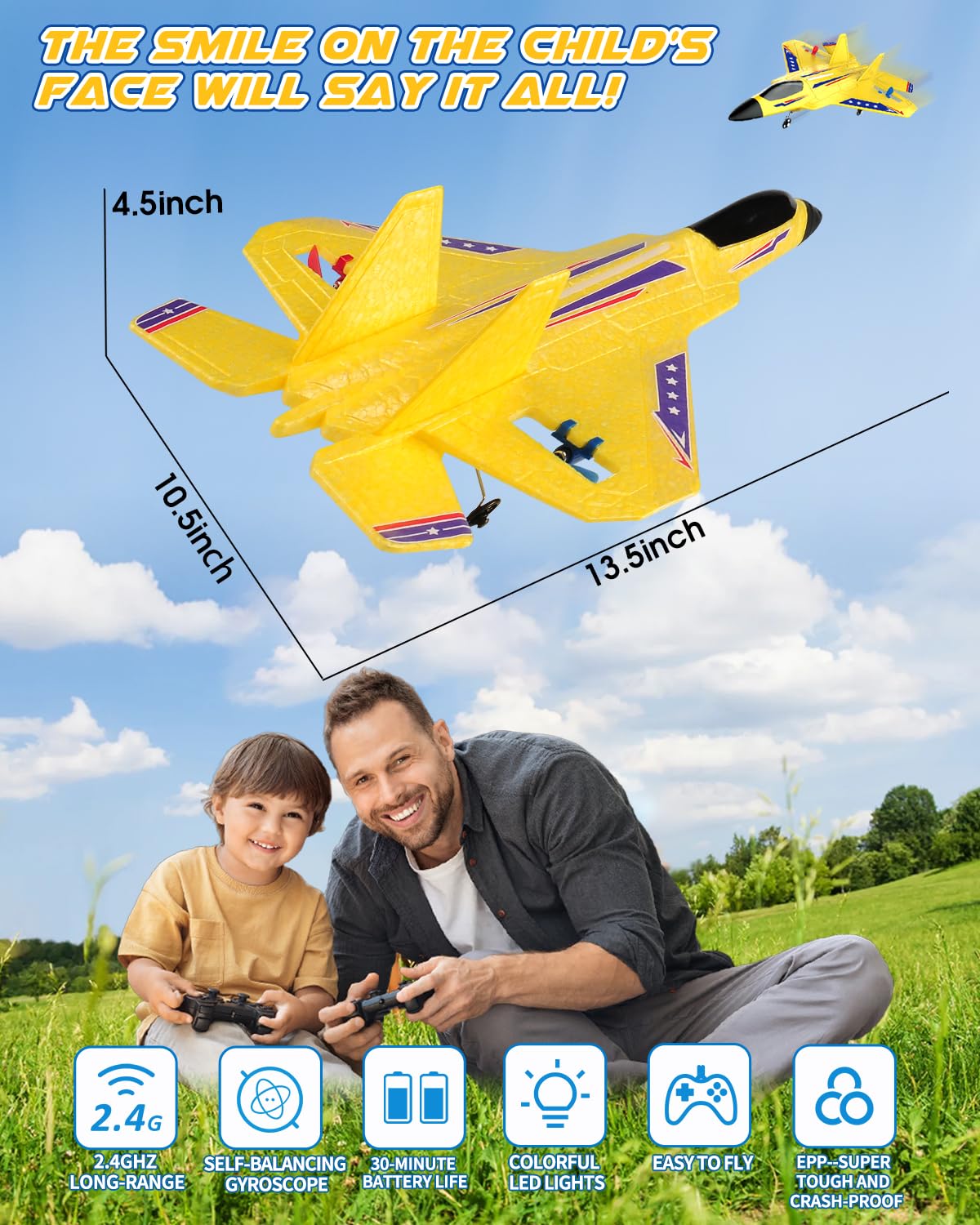 ANTSIR RC Plane F22 RC Airplane, 2. 4GHz Foam Remote Control Airplane with Gyro Stabilizer/LED Light/2 Rechargeable Batteries Easy to Fly RC Glider Jet Toy for Kids Boys Adults Beginners (Yellow)